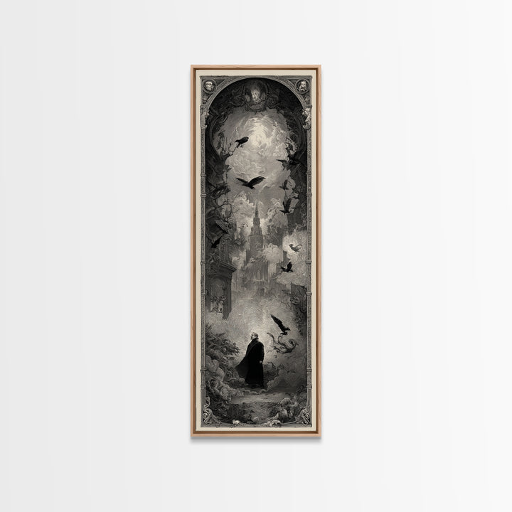 The Haunted Portrait, Gothic Engraving Art, Tall Narrow Wall Art, Dark Fantasy Wall Art, Framed Canvas Print, Halloween Wall Art