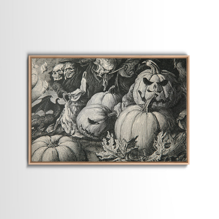 Vintage Orange-And-Black Halloween, Renaissance Engraving Art, Landscape Wall Art, Dark Fantasy Wall Art, Framed Canvas Print