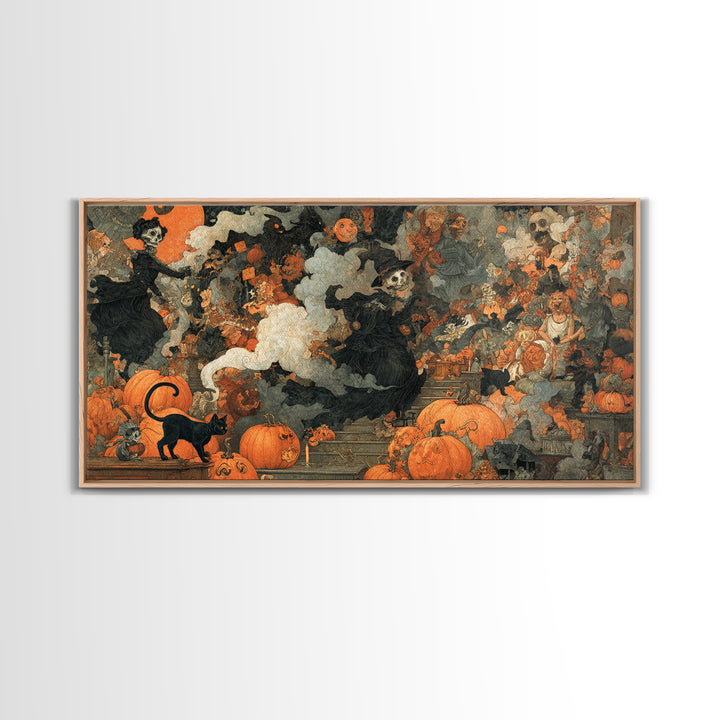 Vintage Orange-And-Black Halloween, Grotesque Carnival Art, Wide Panoramic Art, Macabre Wall Art, Framed Canvas Print, Halloween Wall Art