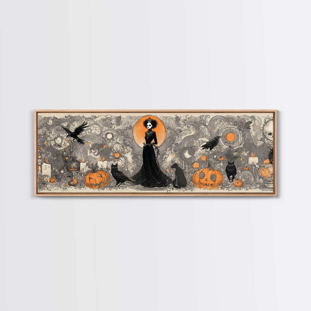 Vintage Orange-And-Black Halloween, Decadent Line Art, Extra Wide Wall Art, Macabre Wall Art, Canvas Print, Halloween Wall Art
