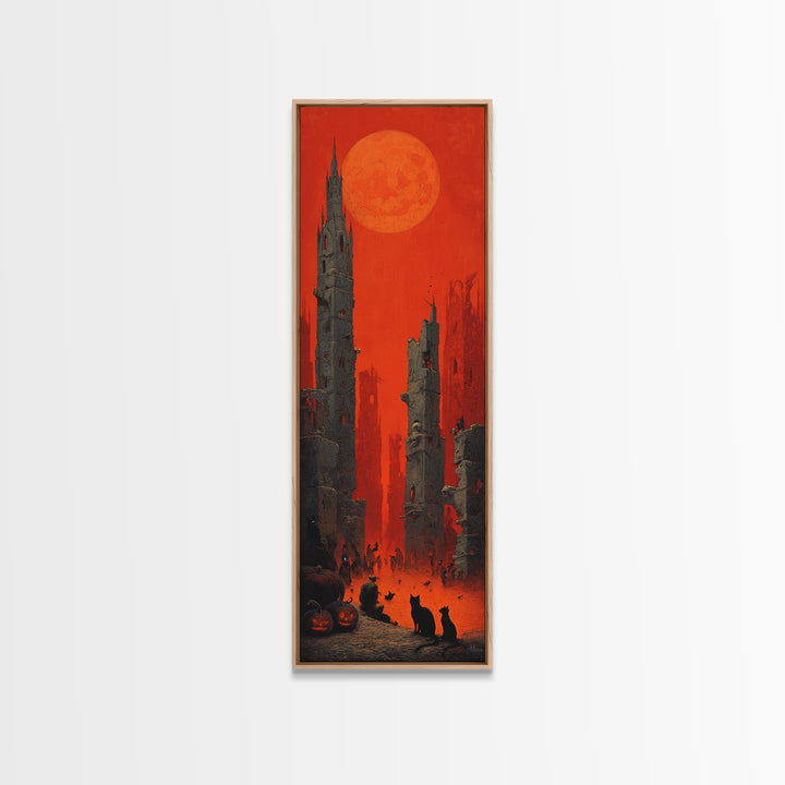Vintage Orange-And-Black Halloween, Surreal Apocalyptic Art, Tall Narrow Wall Art, Macabre Wall Art, Framed Canvas Print