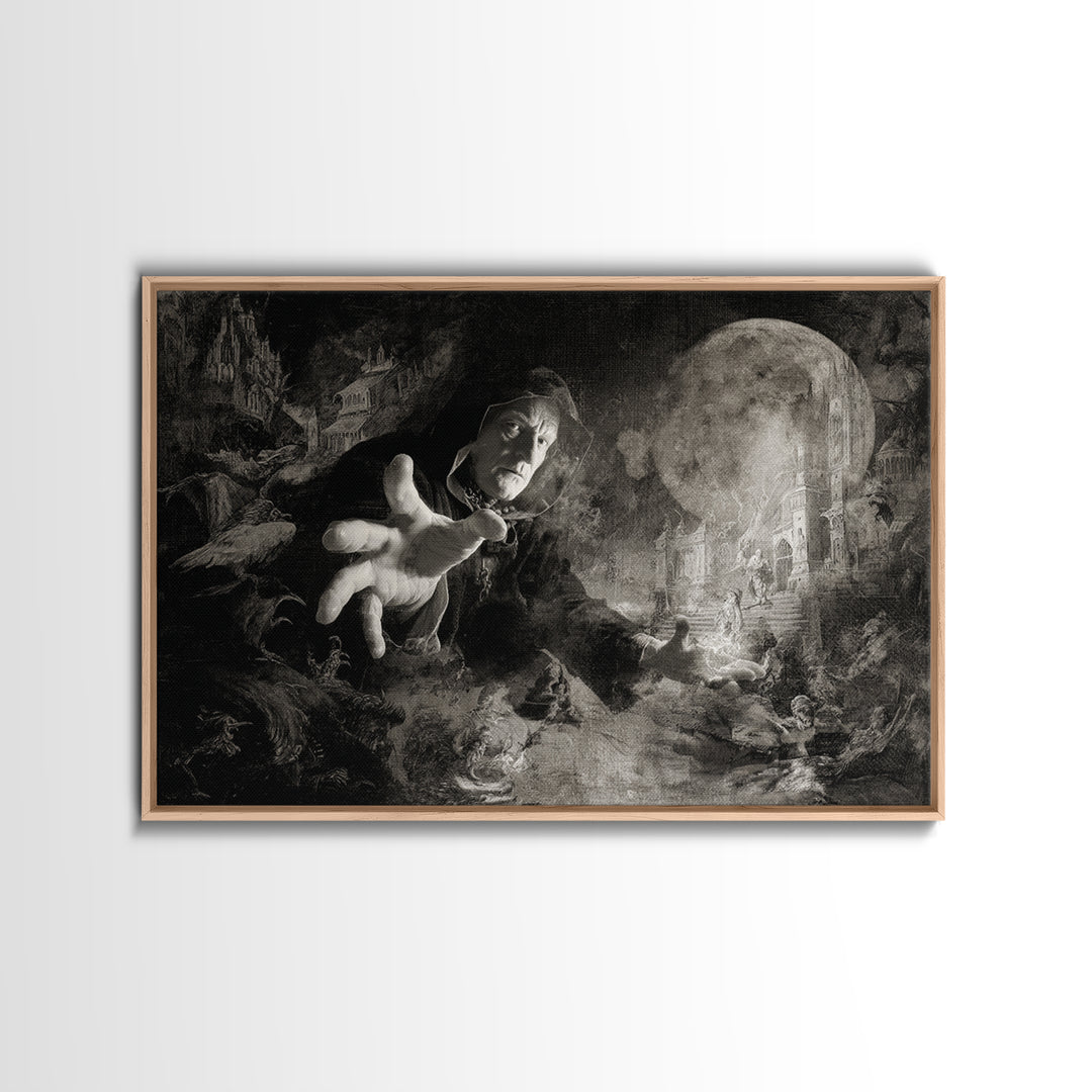 Monochrome Gothic Halloween, Medieval Grotesque Art, Landscape Wall Art, Dark Halloween Decor, Framed Canvas Print, Macabre Wall Art