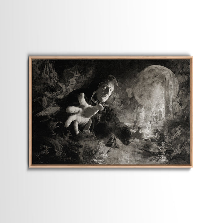 Monochrome Gothic Halloween, Medieval Grotesque Art, Landscape Wall Art, Dark Halloween Decor, Framed Canvas Print, Macabre Wall Art