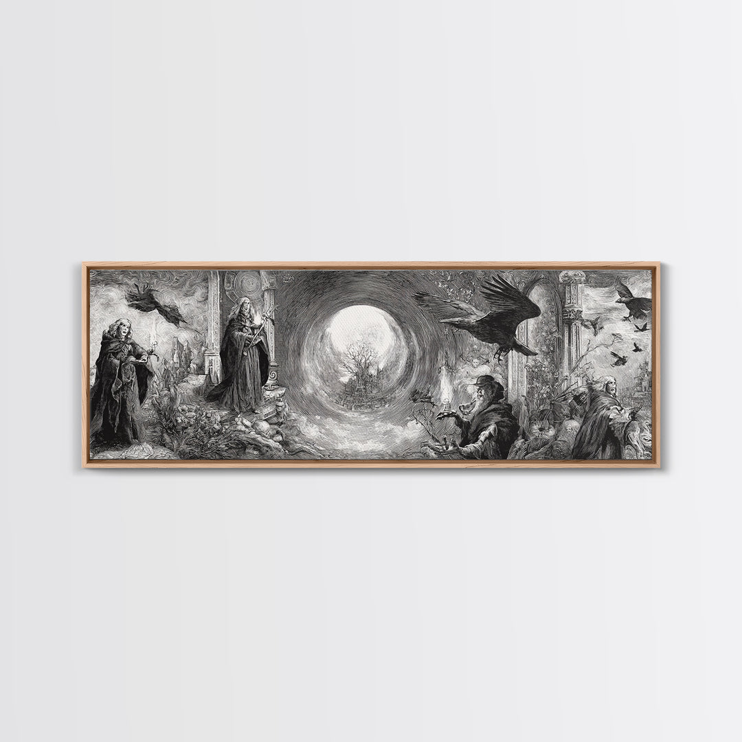 Monochrome Gothic Halloween, Renaissance Engraving Art, Extra Wide Wall Art, Gothic Horror Wall Art, Canvas Print, Halloween Wall Art