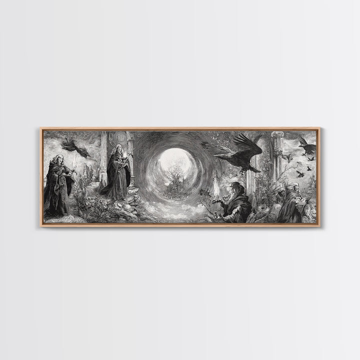 Monochrome Gothic Halloween, Renaissance Engraving Art, Extra Wide Wall Art, Gothic Horror Wall Art, Canvas Print, Halloween Wall Art