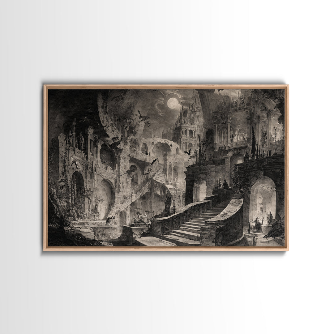 Monochrome Gothic Halloween, Architectural Etching Art, Landscape Wall Art, Dark Fantasy Wall Art, Canvas Print