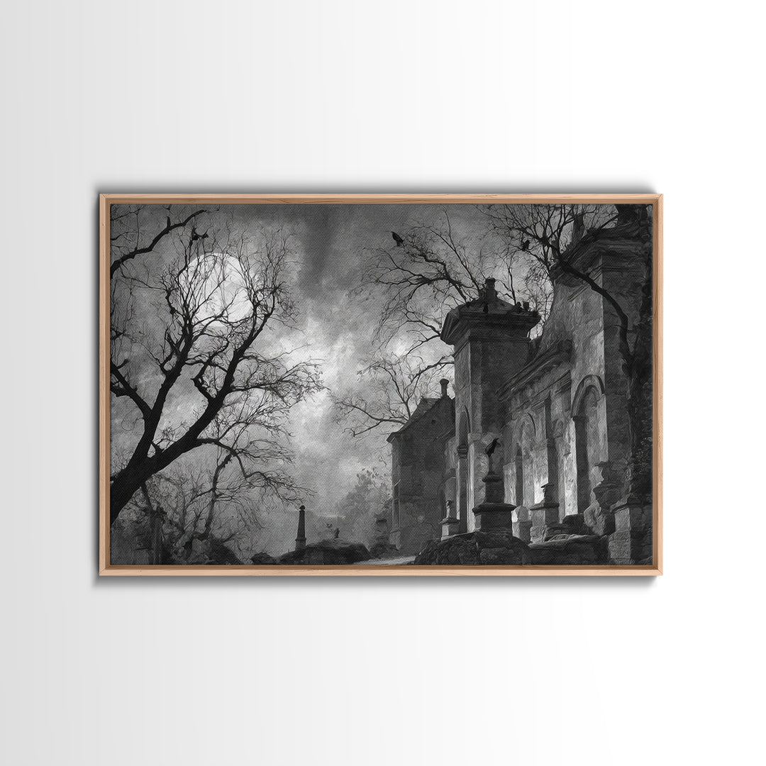 Monochrome Gothic Halloween, Romantic Gothic Landscape, Landscape Wall Art, Dark Fantasy Wall Art, Framed Canvas Print