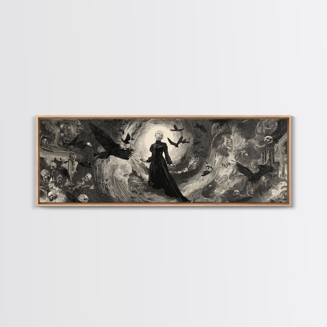 Monochrome Gothic Halloween, Decadent Gothic Art, Extra Wide Wall Art, Gothic Horror Wall Art, Framed Canvas Print, Gothic Home Decor
