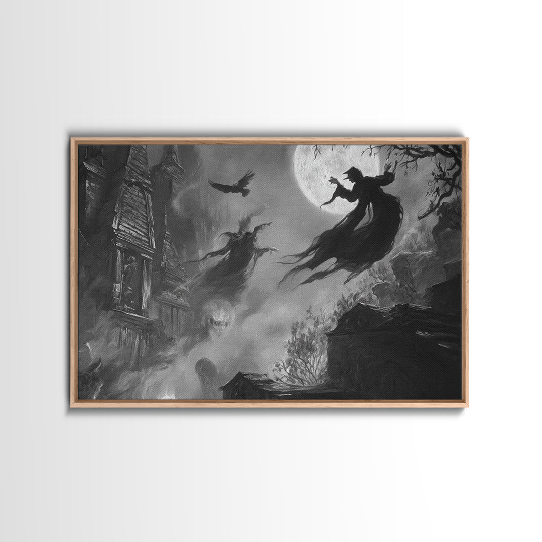 Monochrome Gothic Halloween, Expressionist Nightmare Art, Landscape Wall Art, Dark Halloween Decor, Framed Canvas Print, Halloween Wall Art