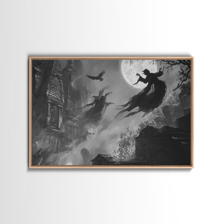 Monochrome Gothic Halloween, Expressionist Nightmare Art, Landscape Wall Art, Dark Halloween Decor, Framed Canvas Print, Halloween Wall Art