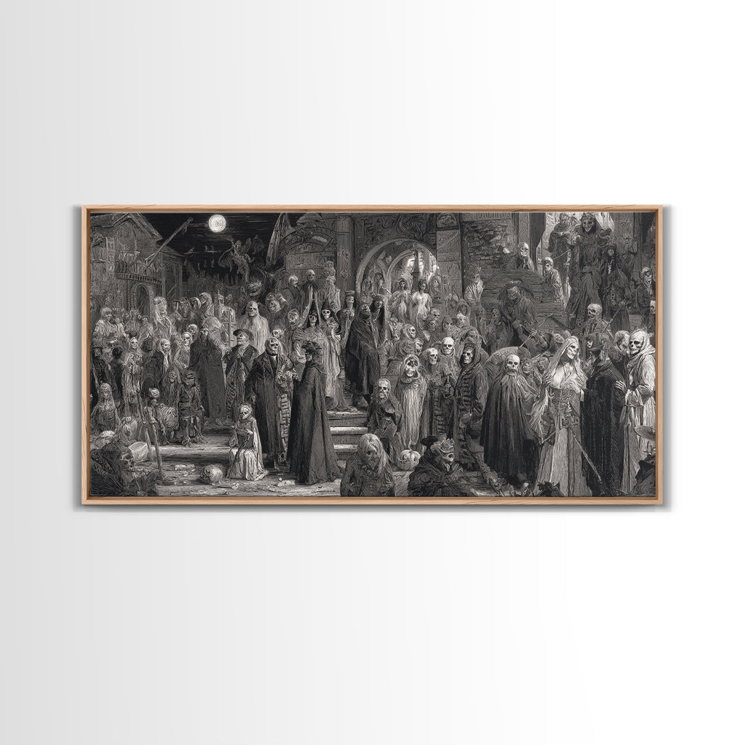 Monochrome Gothic Halloween, Grotesque Carnival Art, Wide Panoramic Art, Dark Halloween Decor, Canvas Print, Halloween Wall Art
