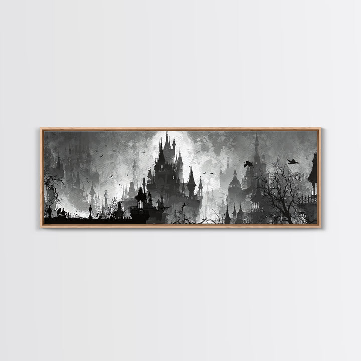 Monochrome Gothic Halloween, Decadent Line Art, Extra Wide Wall Art, Dark Halloween Decor, Canvas Print, Halloween Wall Art