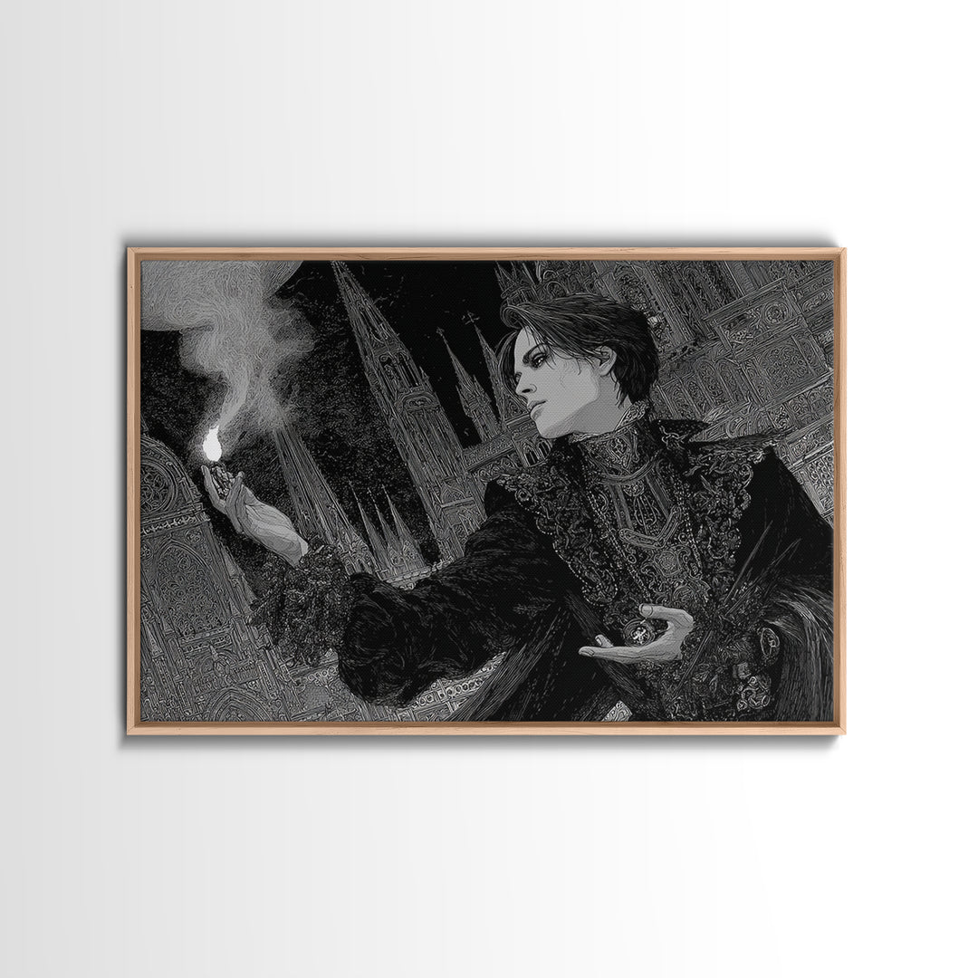 Monochrome Gothic Halloween, Stained Glass Gothic Art, Landscape Wall Art, Dark Halloween Decor, Framed Canvas Print, Halloween Wall Art