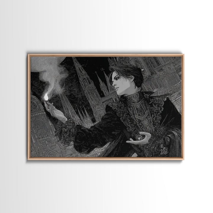 Monochrome Gothic Halloween, Stained Glass Gothic Art, Landscape Wall Art, Dark Halloween Decor, Framed Canvas Print, Halloween Wall Art