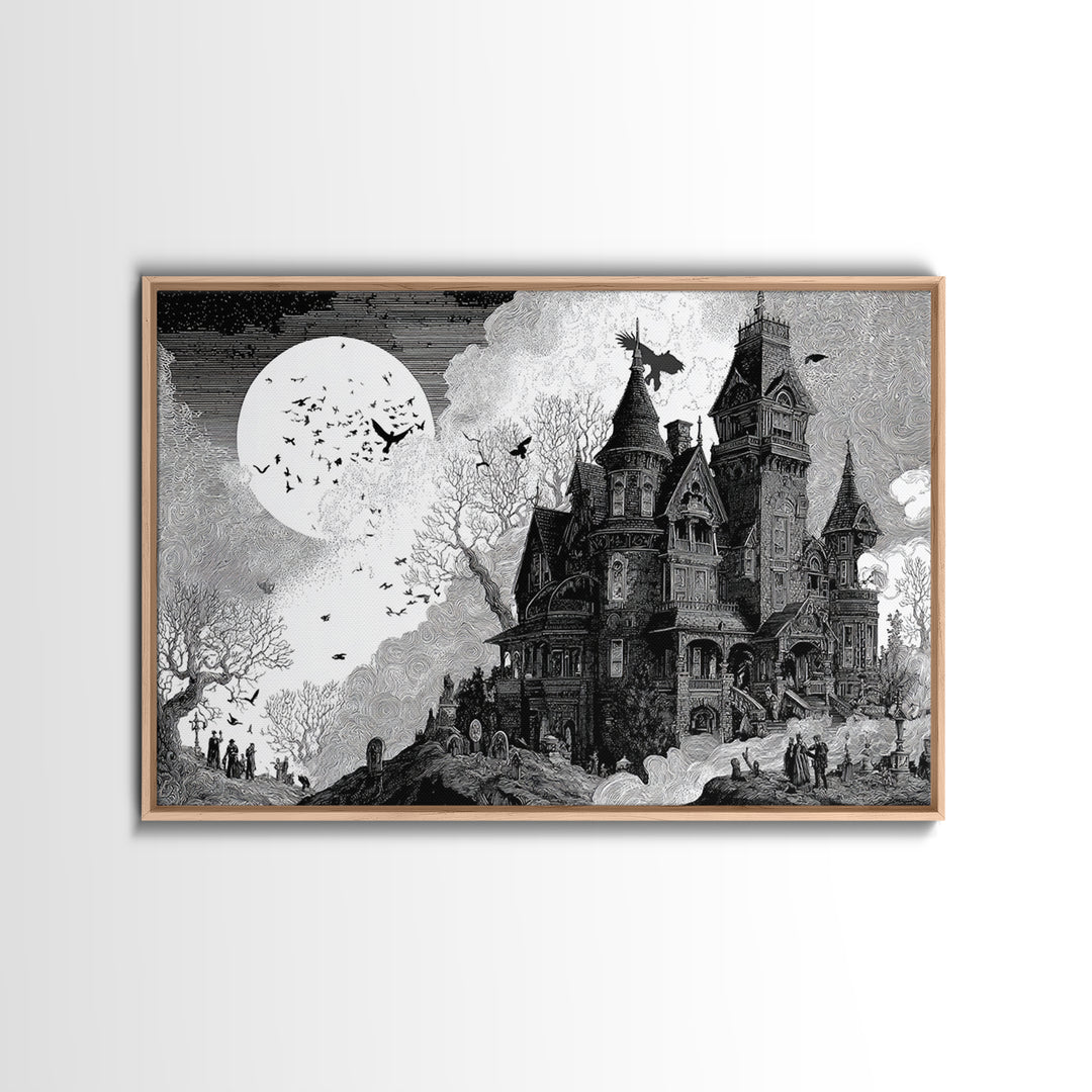 Monochrome Gothic Halloween, Victorian Macabre Art, Landscape Wall Art, Dark Halloween Decor, Canvas Print, Halloween Wall Art