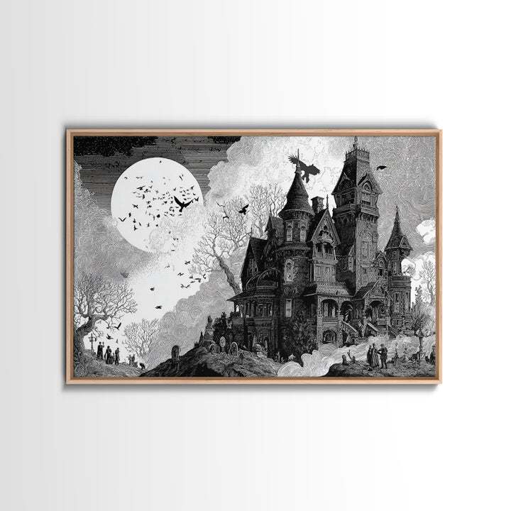 Monochrome Gothic Halloween, Victorian Macabre Art, Landscape Wall Art, Dark Halloween Decor, Canvas Print, Halloween Wall Art