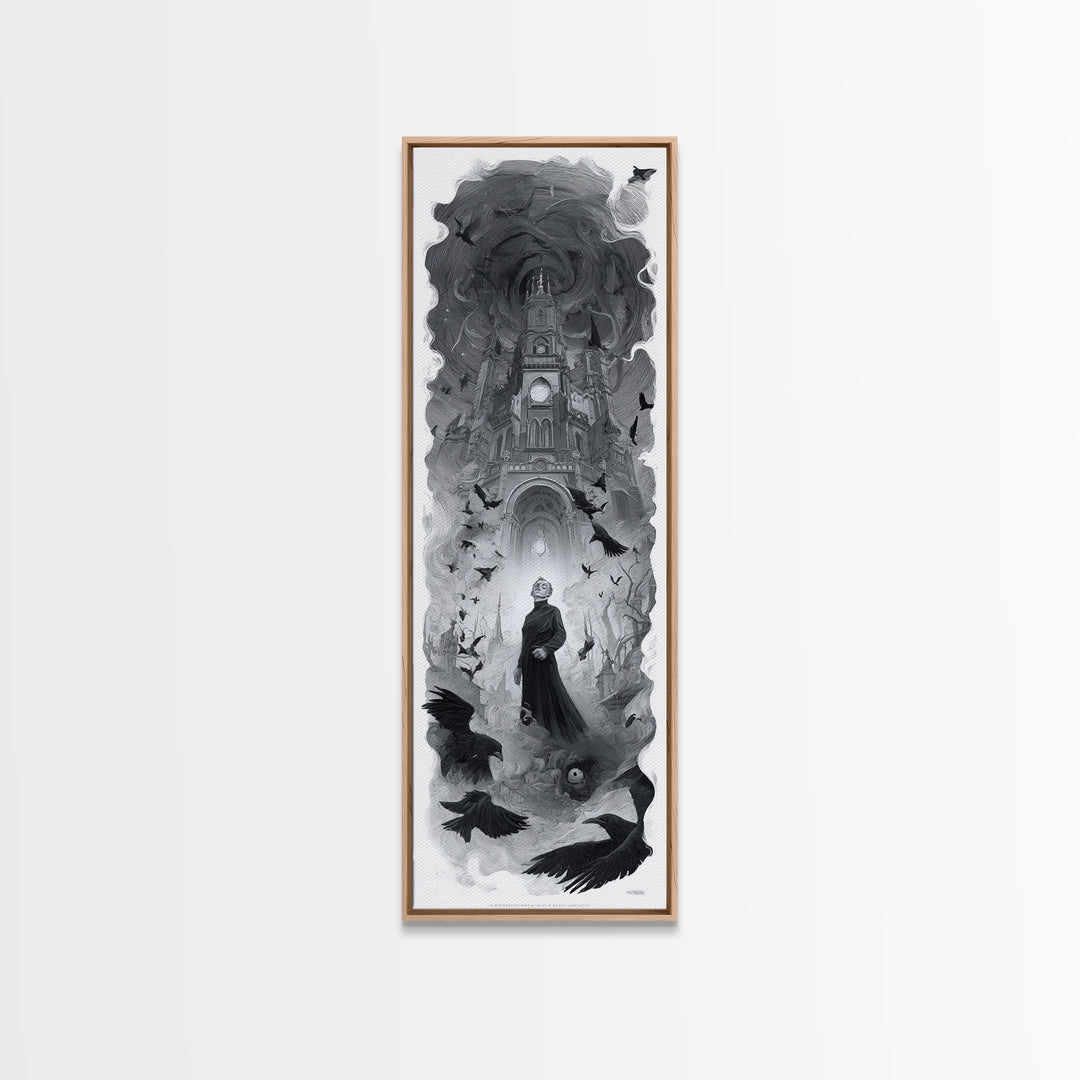 Monochrome Gothic Halloween, Surreal Apocalyptic Art, Tall Narrow Wall Art, Macabre Wall Art, Framed Canvas Print, Halloween Decor
