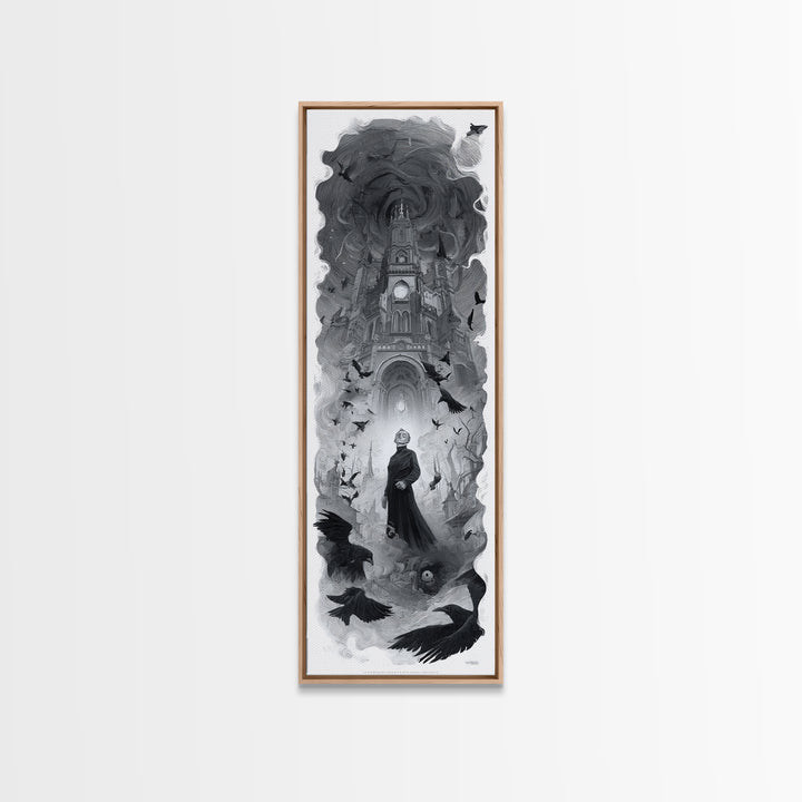 Monochrome Gothic Halloween, Surreal Apocalyptic Art, Tall Narrow Wall Art, Macabre Wall Art, Framed Canvas Print, Halloween Decor