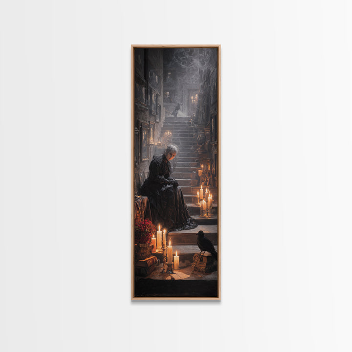 Victorian Mourning Halloween, Architectural Etching Art, Tall Narrow Wall Art, Gothic Horror Wall Art, Framed Canvas Print