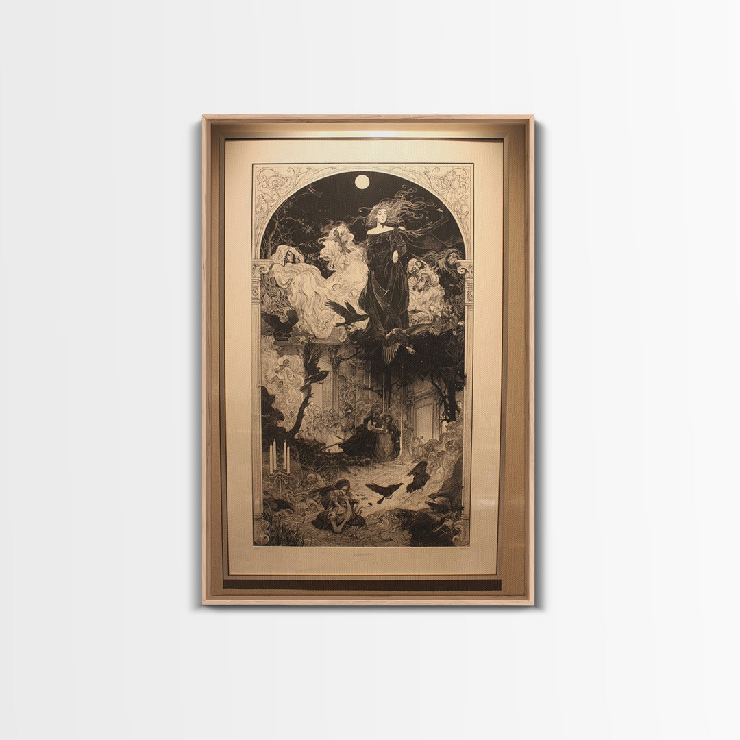 Art Nouveau Witchcraft, Renaissance Engraving Art, Vertical Wall Art, Macabre Wall Art, Framed Canvas Print, Halloween Wall Art