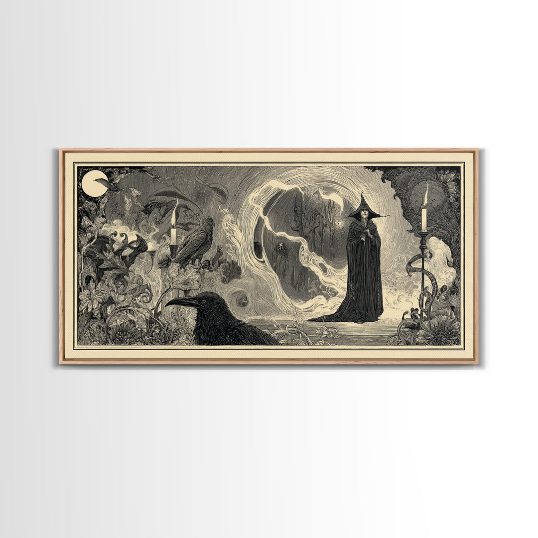 Art Nouveau Witchcraft, Expressionist Nightmare Art, Wide Panoramic Art, Dark Halloween Decor, Framed Canvas Print, Halloween Wall Art