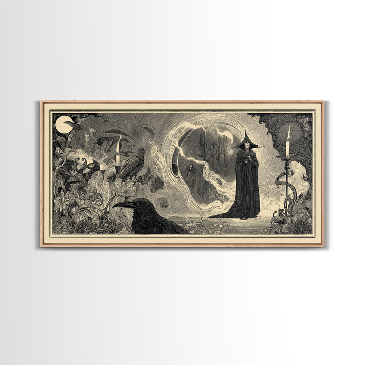 Art Nouveau Witchcraft, Expressionist Nightmare Art, Wide Panoramic Art, Dark Halloween Decor, Framed Canvas Print, Halloween Wall Art