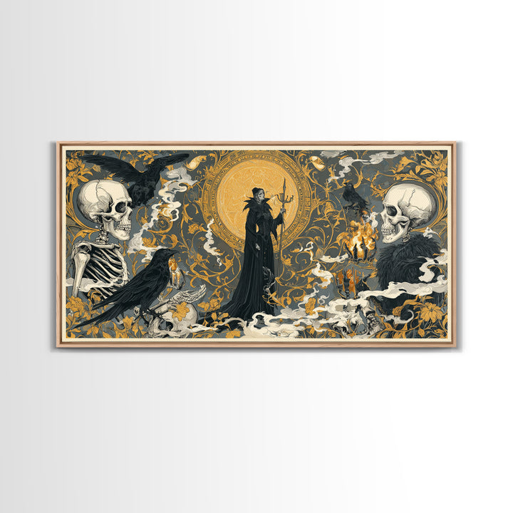 Art Nouveau Witchcraft, Macabre Folk Print Art, Wide Panoramic Art, Dark Fantasy Wall Art, Framed Canvas Print, Halloween Decor