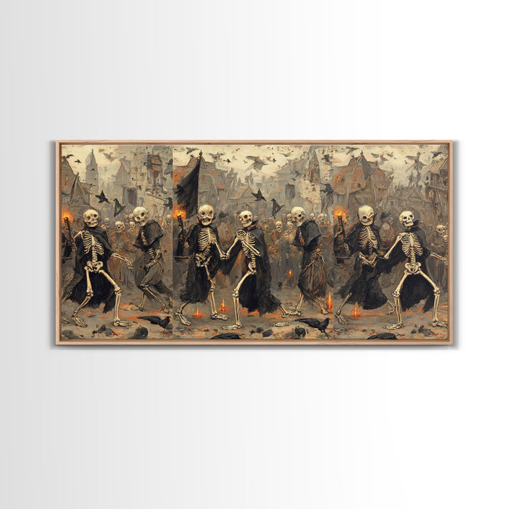 Medieval Danse Macabre, Northern Renaissance Horror, Wide Panoramic Art, Dark Fantasy Wall Art, Framed Canvas Print