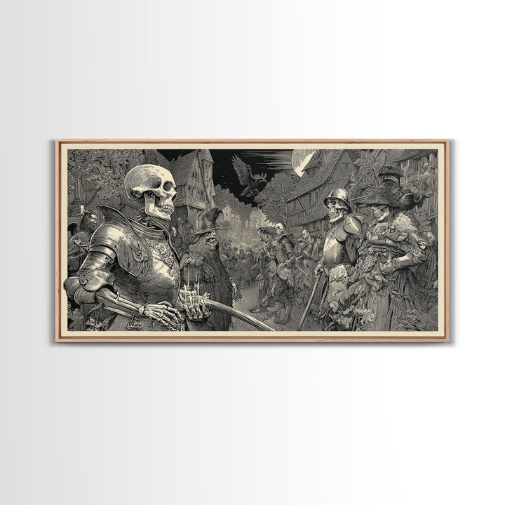 Medieval Danse Macabre, Renaissance Engraving Art, Wide Panoramic Art, Dark Fantasy Wall Art, Framed Canvas Print, Halloween Wall Art