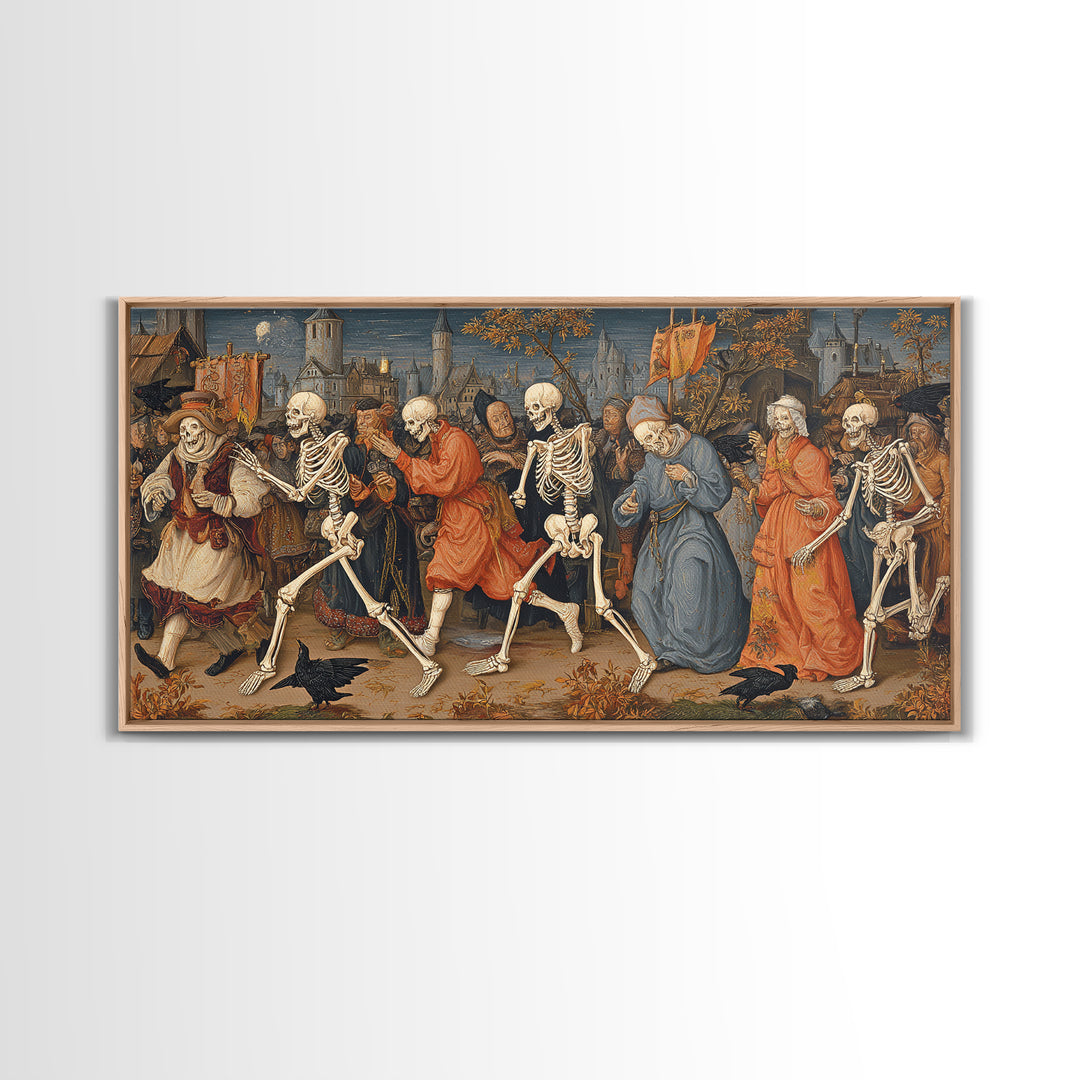 Medieval Danse Macabre, Danse Macabre Art, Wide Panoramic Art, Dark Fantasy Wall Art, Canvas Print, Halloween Wall Art