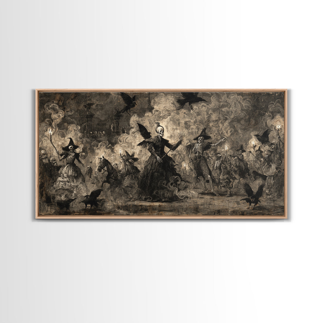 Medieval Danse Macabre, Dark Romantic Horror Art, Wide Panoramic Art, Gothic Horror Wall Art, Framed Canvas Print, Halloween Wall Art