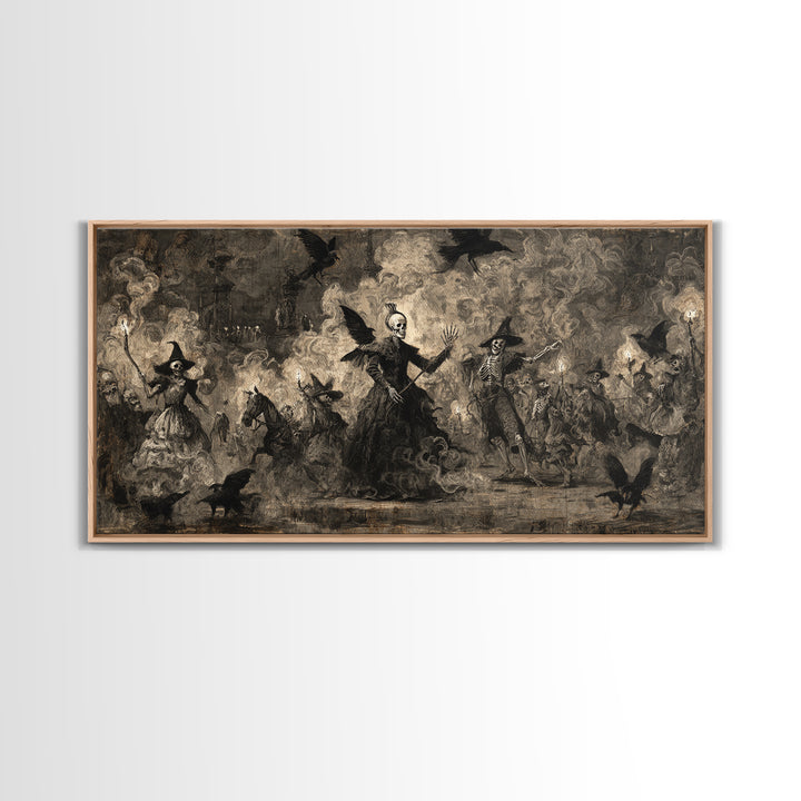 Medieval Danse Macabre, Dark Romantic Horror Art, Wide Panoramic Art, Gothic Horror Wall Art, Framed Canvas Print, Halloween Wall Art