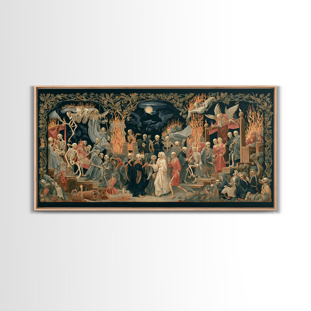 Medieval Danse Macabre, Visionary Gothic Art, Wide Panoramic Art, Dark Fantasy Wall Art, Framed Canvas Print, Halloween Wall Art