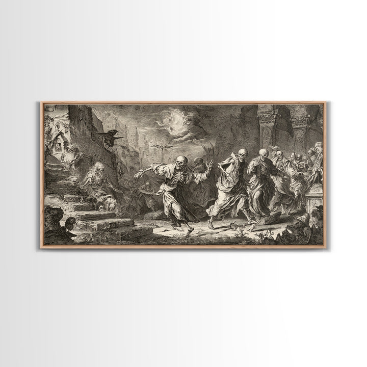 Medieval Danse Macabre, Architectural Etching Art, Wide Panoramic Art, Dark Halloween Decor, Framed Canvas Print