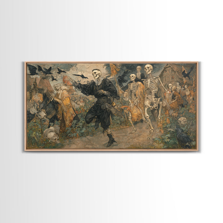 Medieval Danse Macabre, Decadent Gothic Art, Wide Panoramic Art, Macabre Wall Art, Framed Canvas Print, Halloween Wall Art