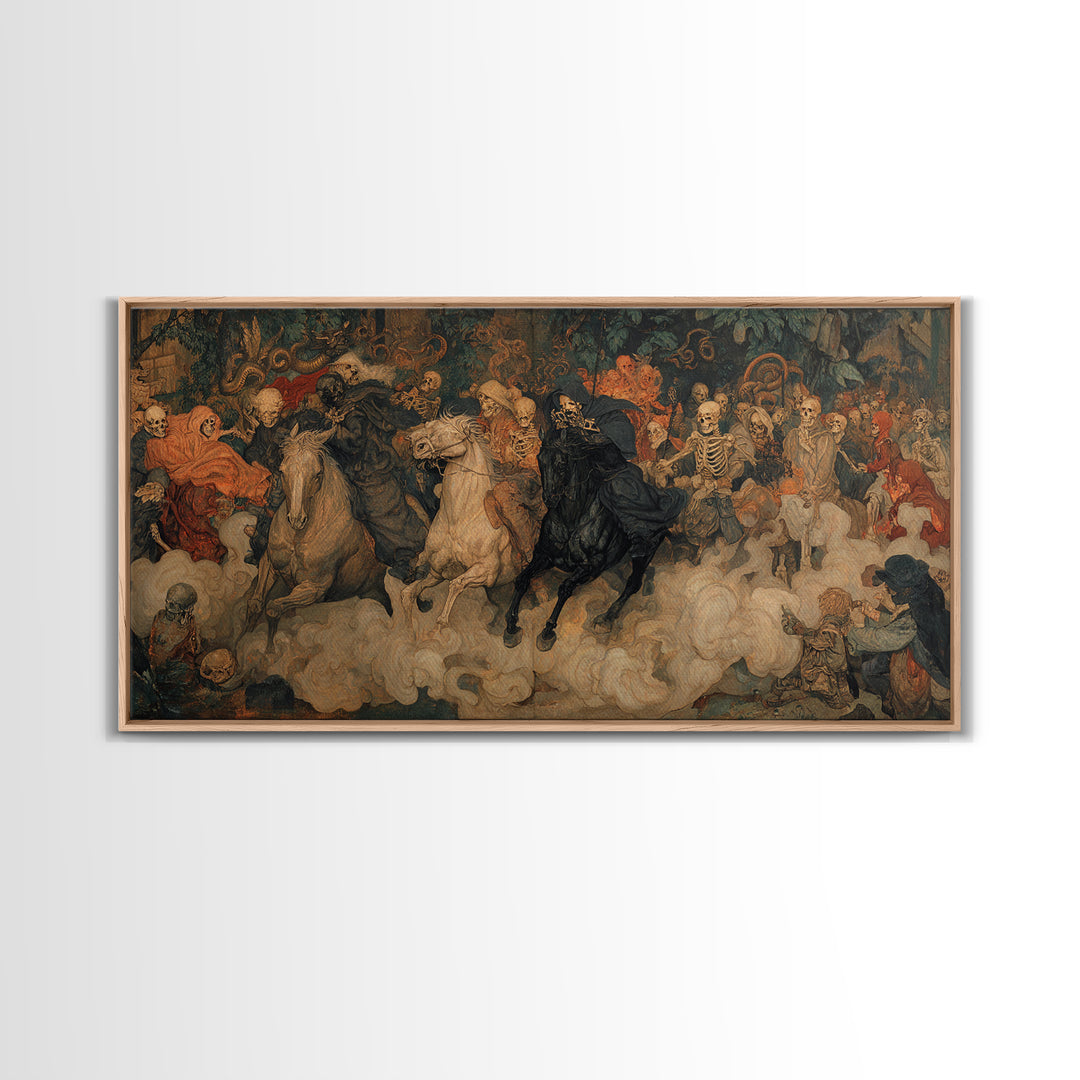 Medieval Danse Macabre, Dark Symbolist Art, Wide Panoramic Art, Dark Halloween Decor, Canvas Print, Halloween Wall Art
