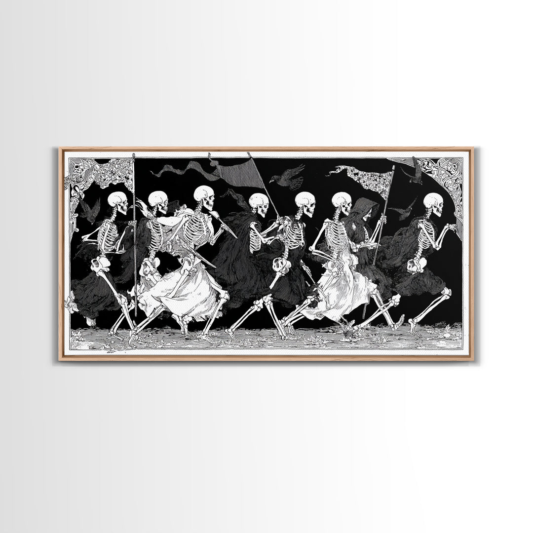 Medieval Danse Macabre, Decadent Line Art, Wide Panoramic Art, Dark Halloween Decor, Canvas Print, Halloween Wall Art