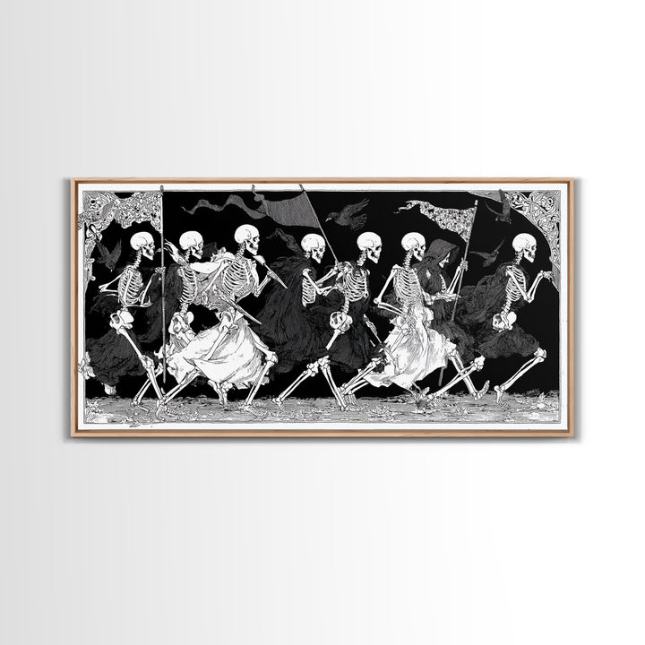 Medieval Danse Macabre, Decadent Line Art, Wide Panoramic Art, Dark Halloween Decor, Canvas Print, Halloween Wall Art