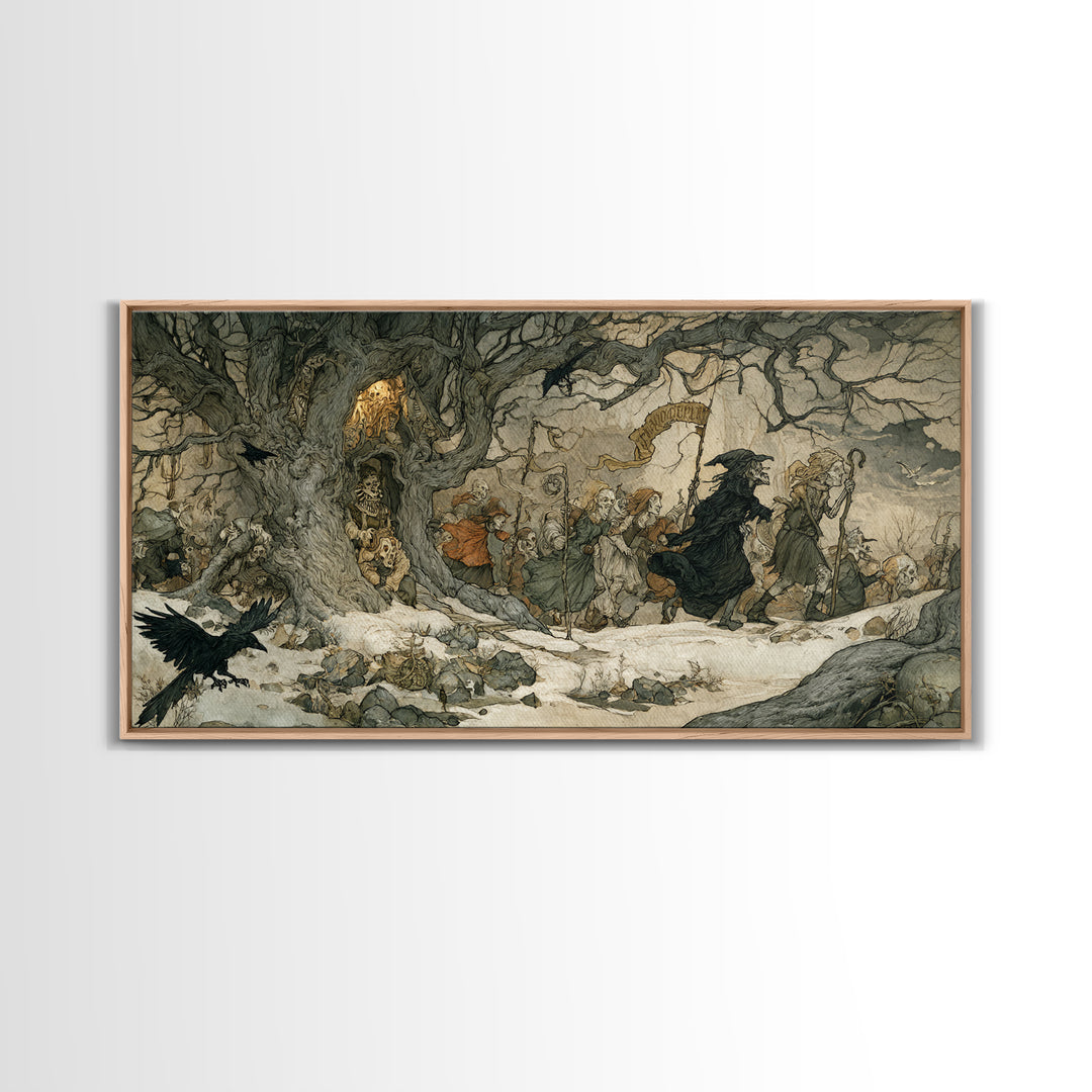 Medieval Danse Macabre, Gothic Storybook Art, Wide Panoramic Art, Dark Halloween Decor, Canvas Print, Halloween Wall Art