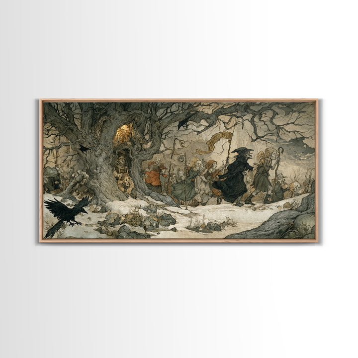 Medieval Danse Macabre, Gothic Storybook Art, Wide Panoramic Art, Dark Halloween Decor, Canvas Print, Halloween Wall Art