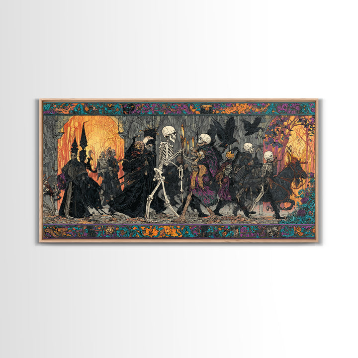 Medieval Danse Macabre, Stained Glass Gothic Art, Wide Panoramic Art, Gothic Horror Wall Art, Framed Canvas Print, Halloween Wall Art