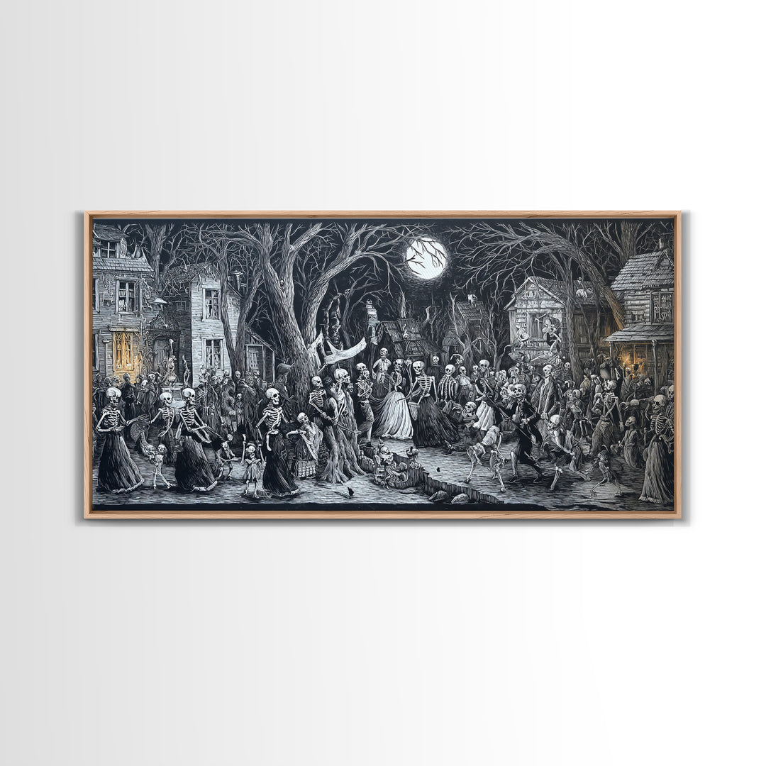 Medieval Danse Macabre, Victorian Macabre Art, Wide Panoramic Art, Gothic Horror Wall Art, Framed Canvas Print, Halloween Wall Art