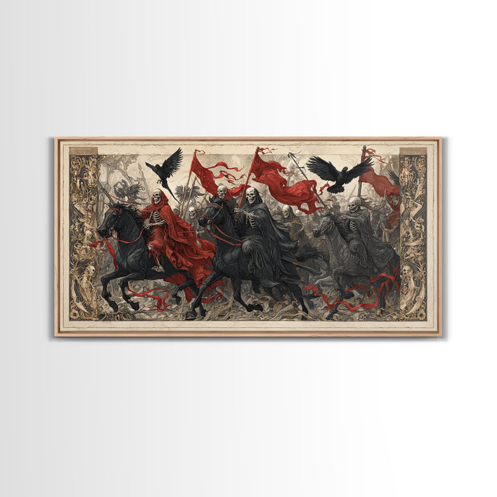 Medieval Danse Macabre, Biomechanical Horror Art, Wide Panoramic Art, Dark Halloween Decor, Canvas Print, Halloween Wall Art
