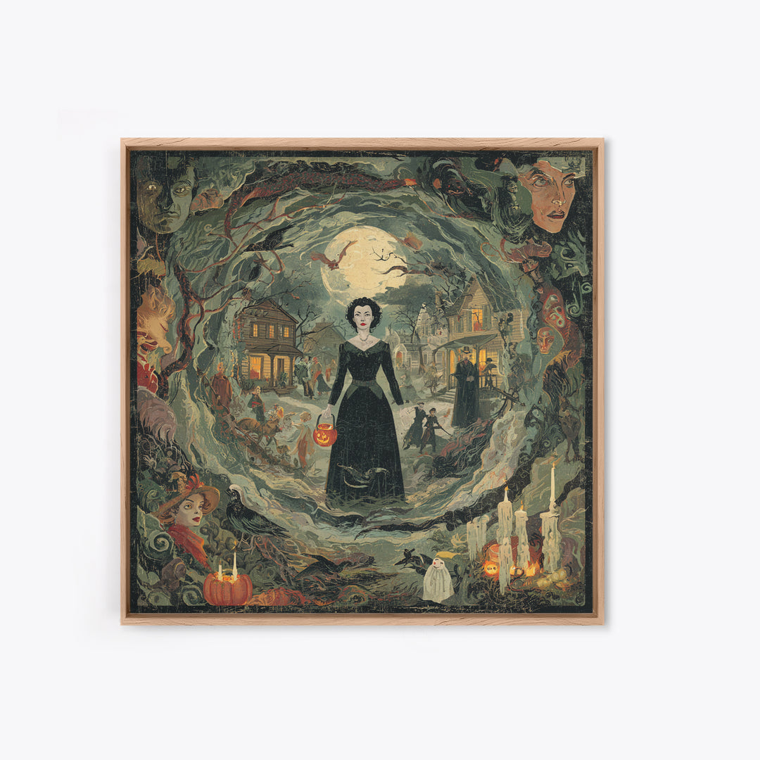 1950s Halloween Nostalgia, Dark Symbolist Art, Square Wall Art, Gothic Horror Wall Art, Framed Canvas Print, Halloween Wall Art