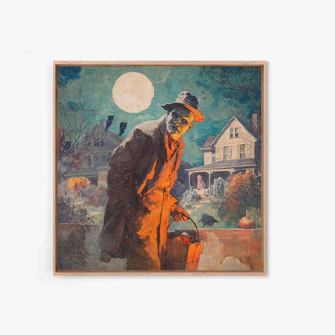 1950s Halloween Nostalgia, Symbolist Etching Art, Square Wall Art, Dark Halloween Decor, Framed Canvas Print, Halloween Wall Art