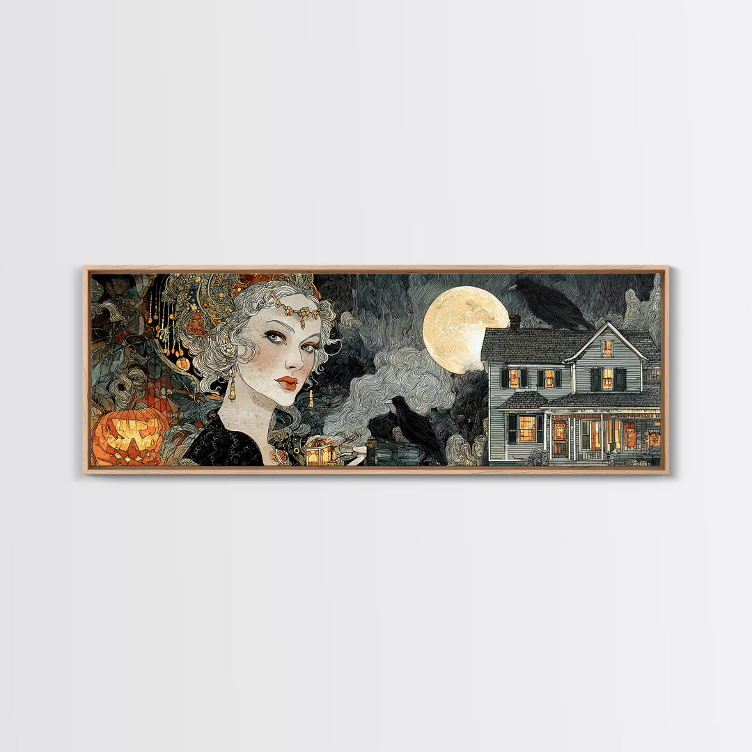 1950s Halloween Nostalgia, Stained Glass Gothic Art, Extra Wide Wall Art, Dark Halloween Decor, Canvas Print, Halloween Wall Art