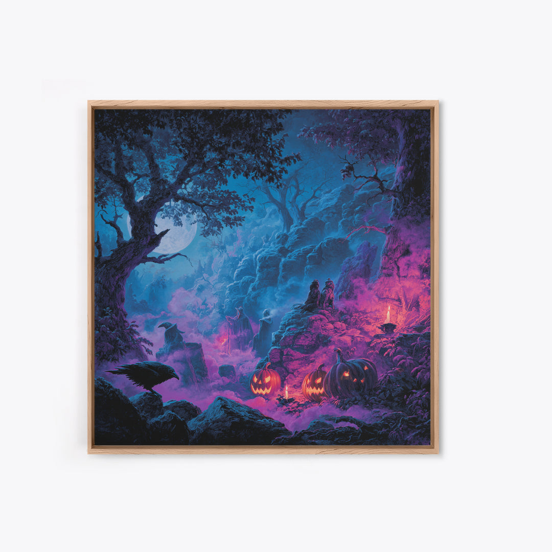 1980s Neon Horror, Baroque Witchcraft Art, Square Wall Art, Dark Halloween Decor, Framed Canvas Print, Halloween Wall Art