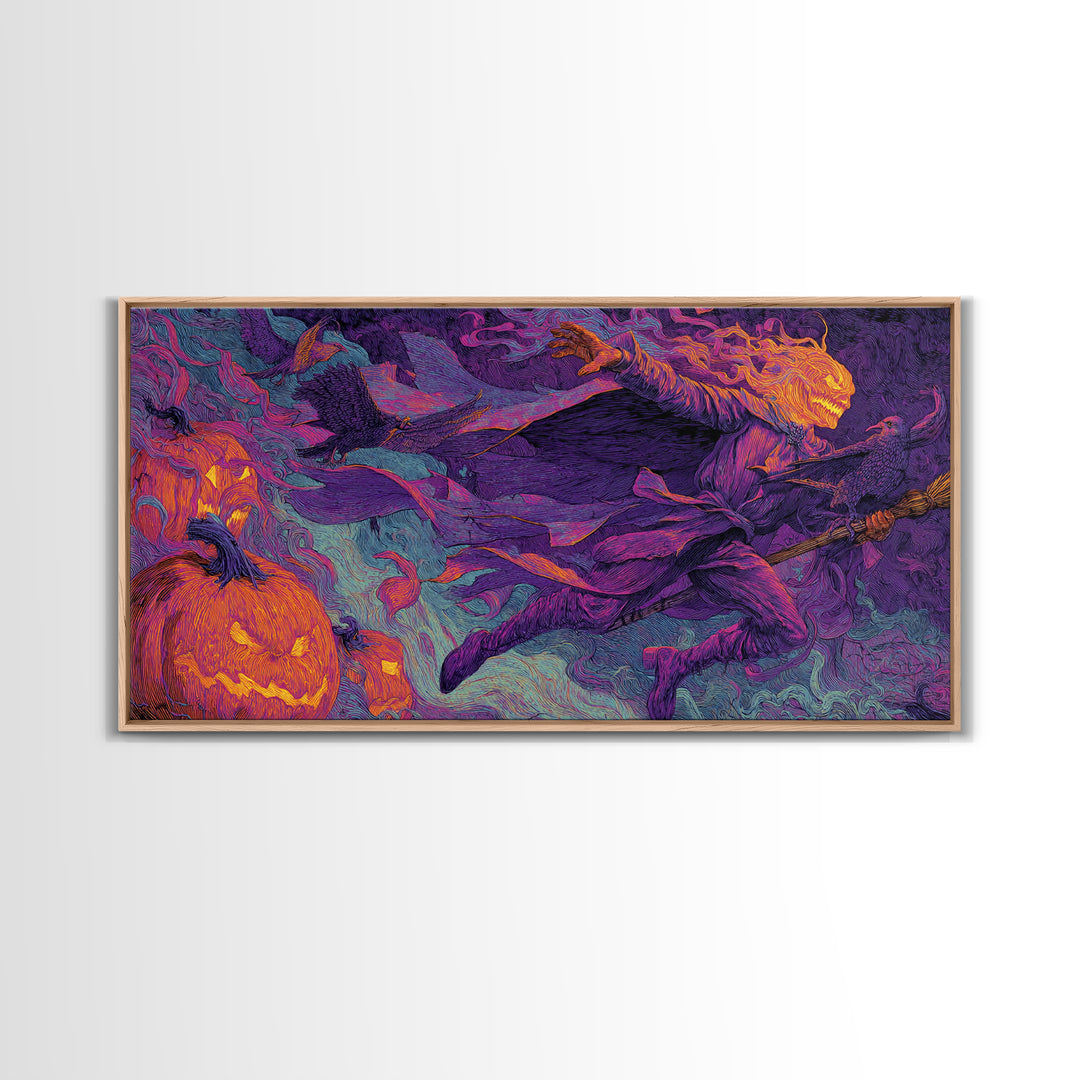 1980s Neon Horror, Visionary Gothic Art, Wide Panoramic Art, Dark Fantasy Wall Art, Canvas Print, Halloween Wall Art