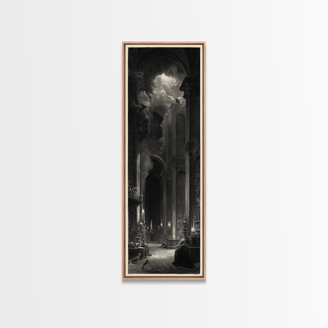 Dark Academia Halloween, Gothic Engraving Art, Tall Narrow Wall Art, Dark Fantasy Wall Art, Canvas Print, Halloween Wall Art