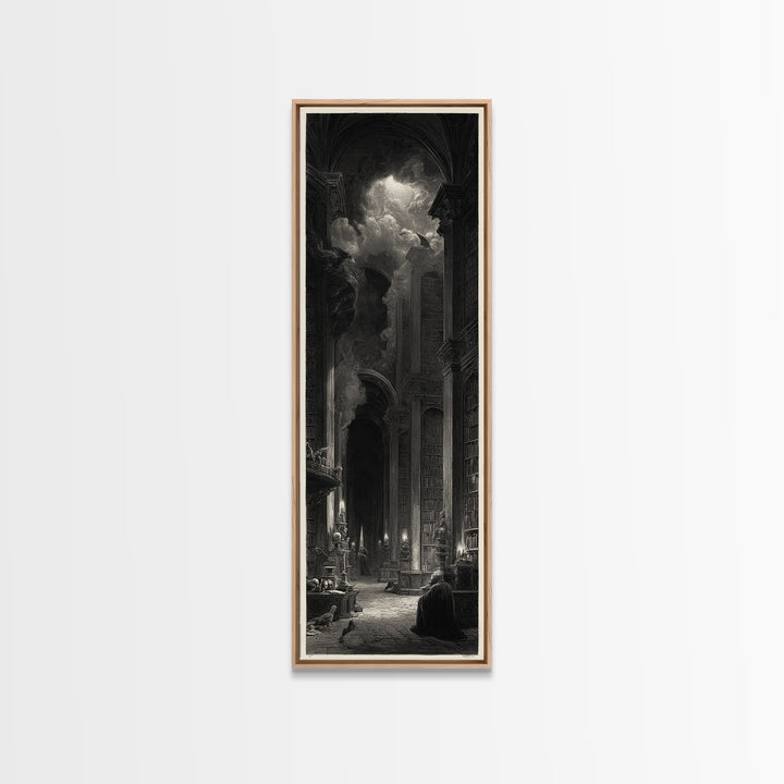 Dark Academia Halloween, Gothic Engraving Art, Tall Narrow Wall Art, Dark Fantasy Wall Art, Canvas Print, Halloween Wall Art